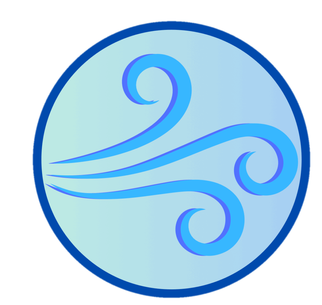 Aetherology department logo. Gust of wind with light blue and green background inside blue circle.