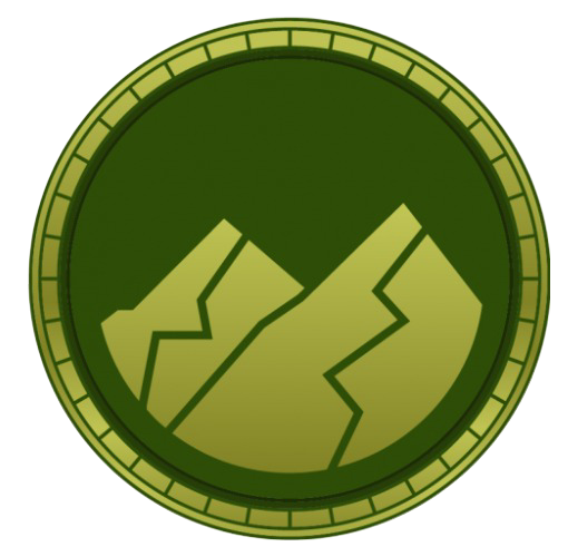 A circular light and dark green emblem featuring a stylized mountain range at the center, outlined with sharp geometric lines and bordered with a segmented outer ring.
